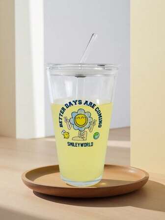 SmileyWorld® | SHEIN 450毫升花卉字母图案透明玻璃杯，生日或节日送礼佳品