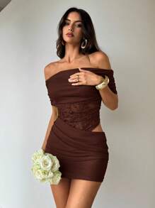 Aloruh Women's Sexy Elegant Off-Shoulder Waist Cutout Sheer Lace Contrast Mesh Mini Dress - Brown - View 2