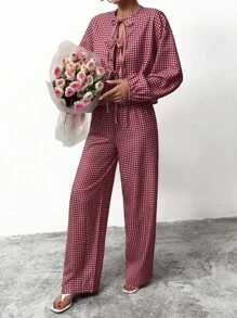 EURMUSE Women's Multicolor Bow Front Gingham Printed Elegant Two Pieces Set - Multicolor - View 5