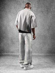 SUMWON 超宽腿破洞牛仔按扣侧边宽松滑板裤，Grunge 街头风，宽松肥大毛边裤脚，现代时尚纯色 - 灰色 - 查看 6