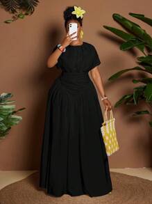Maweii Vestido elegante de manga corta con cuello redondo y pliegues, adecuado para fiestas y vacaciones, talla grande - Negro - Ver 1