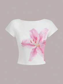 Women's Casual Padded Backless Sexy Crop Top T-Shirt, Floral Print, Backless, Bra-Free, Fall Women Clothes, Built-In Bra - Multicolor - View 2