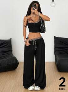 Coolane 女士夏季休闲运动针织两件套背心和运动裤外出套装，2 件，返校服 - 黑色 - 查看 4