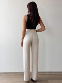 EURMUSE 高腰直筒褶饰梭织面料长裤