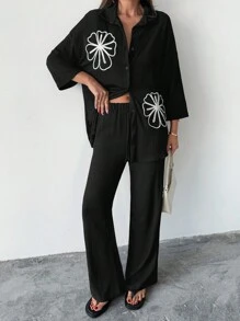EURMUSE Donna, autunno, set di due pezzi, nero, ricamato, lunghezza regolare, camicia a maniche corte, pantalone a gamba ampia di lunghezza lunga - nero - Visualizzare 1