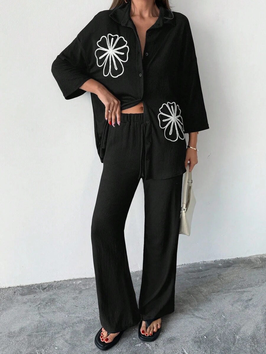 EURMUSE Donna, autunno, set di due pezzi, nero, ricamato, lunghezza regolare, camicia a maniche corte, pantalone a gamba ampia di lunghezza lunga - nero - Visualizzare 1