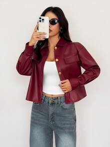 SHEIN PETITE 女士常规款勃艮第酒红色拉链领夹克，适合日常穿着，红色皮夹克，酒红色夹克，深红色夹克，短款夹克，秋冬勃艮第酒红色皮夹克 - 酒紅色 - 查看 4