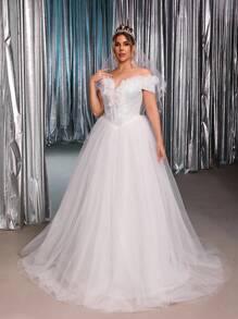 Glamrae 大码优雅浪漫宫廷风格白色露肩贴花装饰上衣，鱼骨奢华亮片串珠网眼拼布 A 字型新娘礼服，搭配拖尾荷叶边裙 - 白色 - 查看 2