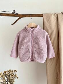 SHEIN Baby Girl Infant Toddler Newborn 0-3 Years Old Autumn/Winter Fleece All-Match Versatile Simple High Collar Outerwear, Light Pink Fall