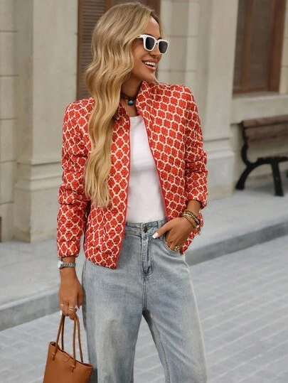 Brillora Jaqueta feminina casual regular com zíper frontal e manga comprida estampada, jaqueta vermelha feminina, jaqueta estampada feminina, jaqueta leve feminina, jaqueta laranja feminina, jaqueta de verão feminina, boêmia, boho chique, roupas femininas boho, roupas ocidentais femininas, estilo ocidental, estilo antigo feminino, mulheres casuais para negócios, fantasias de Halloween femininas no outono/inverno