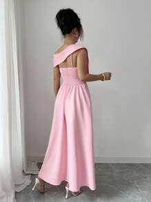Elenzga Women's New Elegant Asymmetric Asymmetrical Spaghetti Strap Slim Fit High-End Oblique Shoulder Waist Cinched Evening Party Dress - Pink - View 3
