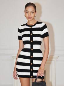 Pariaura Elegant Black And White Striped Short Sleeve Sweater Dress For Women,French Style Metal Buckle Fitted Knitted Summer Brunch Party Wedding Guest Dress - Black and White - View 4