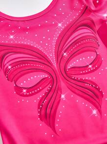 Sparklyn 1 件女童紫红色蝴蝶印花体操紧身衣，专业训练和比赛，3/4 袖，适合所有季节 - 玫紅色 - 查看 6