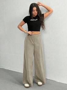 Pantalones anchos holgados y elegantes para adolescentes - Caqui - Ver 4