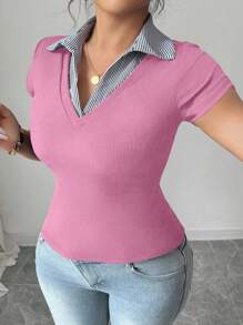 Elenzga Áo thun nữ tay ngắn cổ bẻ màu tương phản thanh lịch cỡ lớn, thiết kế thời trang đa năng, thời trang thường ngày, mẫu mới xuân/hè 2025 - Nhiều màu - Xem 6