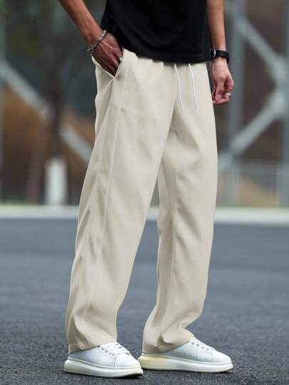 Manfinity Roghcode 男士纯色休闲裤男阔腿裤男宽松裤子男S宽松直筒休闲裤奶油色裤子男百褶裤男秋季