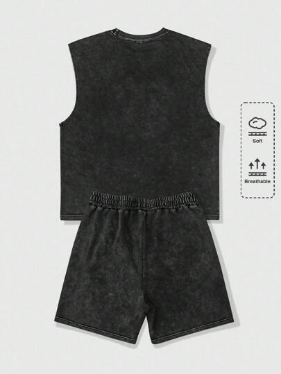 Street Life Men's Casual Washed Rhinestone Decor Tank Top & Shorts Set (Rhinestone Design Random)