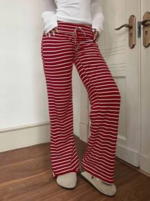 CovetEZ Celana Yoga Pinggang Rendah Bergaris Merah & Putih dengan Tali Serut, Cocok untuk Musim Gugur/Musim Dingin - Red and White - View 3
