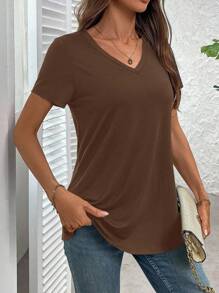 SHEIN Clasi 女士纯色休闲宽松V领T恤 - 摩卡棕 - 查看 6