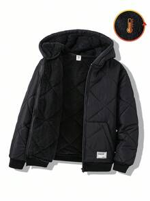 SHEIN Kids/Tween Boy Casual Black Winter Hooded Zip-Up Thick Woven Parka,Padded Coat With Patch Decor,Suitable For School,Club,Garden,Birthday,Autumn,Fall - Black - View 8