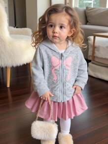 SHEIN 女婴可爱休闲百搭蝴蝶结图案刺绣长袖夹克，适合所有季节，日常穿着 - 彩色 - 查看 3