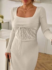 Women Square Neck Rib Knit Drawstring Detailed Sweater & Sweater Skirt Set - Cream - View 5