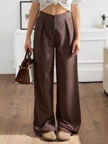 SHEIN Tall Tall Size Solid Colour Frenchy Wide Leg Pants - Brown - View 1