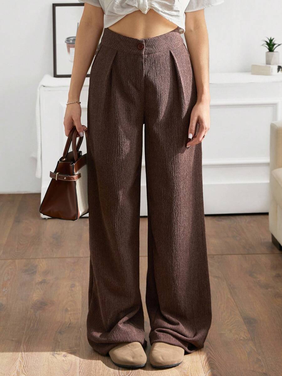 SHEIN Tall Tall Size Solid Colour Frenchy Wide Leg Pants - Brown - View 1