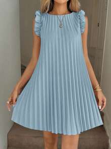 Easowa Vestido mini plisado rosa con mangas acampanadas con volantes, adecuado para vacaciones de verano románticas y atuendo para citas