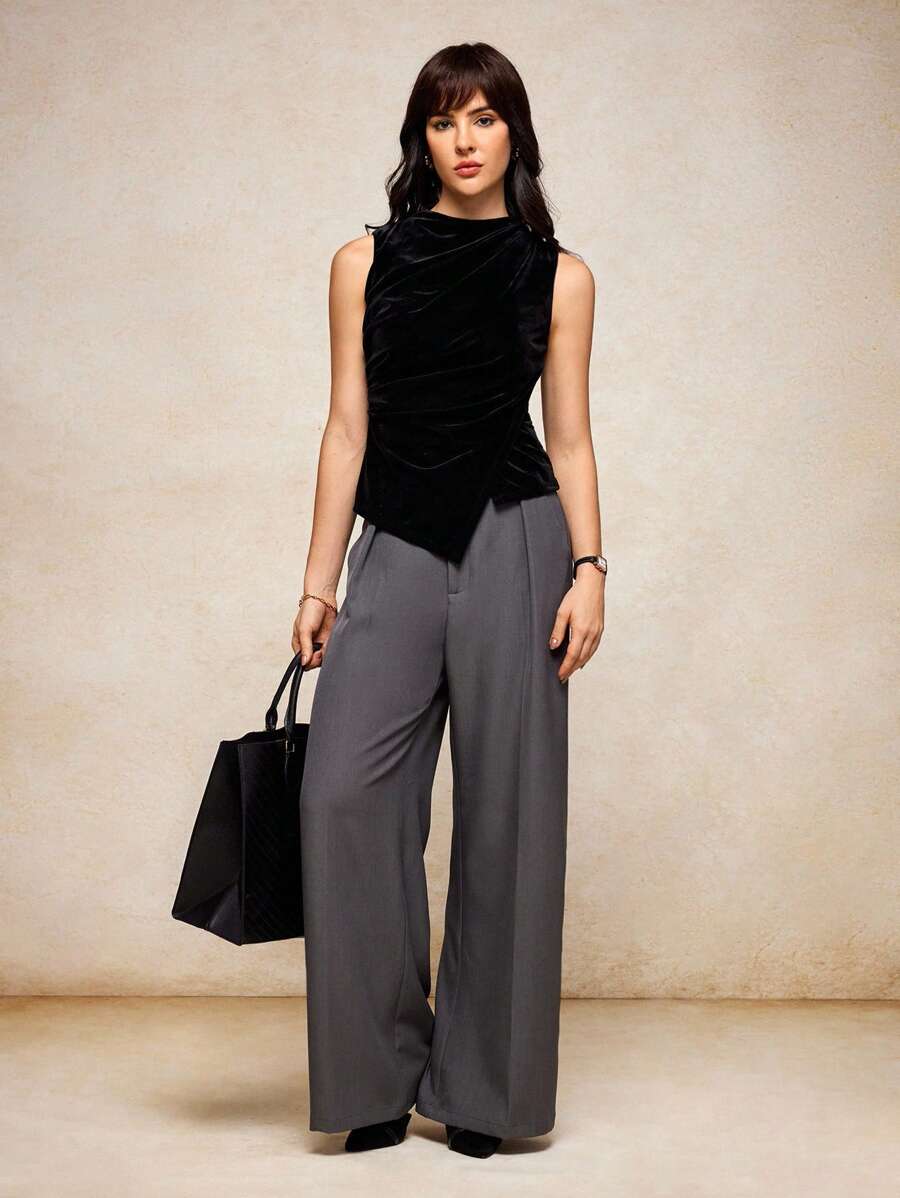 House of One Black Mock Neck Ruched Drape Sleeveless Top Women Elegant Casual Old Money Fall Clothes Top Fall Outfits Business Professional Women Business Casual Woman