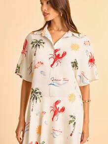 CAJUNI Women's Vacation Shallow Yellow Ocean Element Lobster, Palm Tree, Starfish Printed Shirt Collar Short Sleeve Button Down Waist 2 In 1, Summer Vacation, Date, Party, Beach Printed Jumpsuit