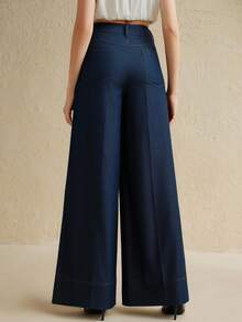 Anewsta Quần ống rộng dáng rộng màu denim thường ngày dành cho nữ có túi, đa năng để mặc đi làm và mặc hàng ngày, Thu/Đông - Màu xanh lam - Xem 2