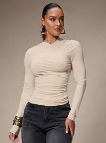 Silquee Camiseta ajustada con pliegues de unicolor para mujer