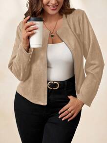 SHEIN Clasi Áo khoác da lộn đen cỡ lớn cho nữ, thanh lịch cho trang phục đi làm hàng ngày và công sở Áo khoác da lộn cho nữ Áo khoác có khóa kéo cho nữ Áo khoác ngắn Áo khoác thường ngày cho nữ Áo khoác rám nắng cho nữ, Quần áo mùa thu cho nữ - Màu be - Xem 5