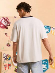 Paul Frank X SHEIN Men's Letter & Cartoon Graphic V-Neck Short Sleeve T-Shirt - Apricot - View 2