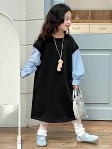 DAZY Vestido curto de manga comprida com decote redondo e contraste de cores para meninas (pequeno)