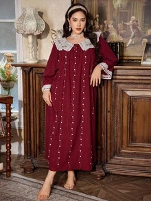 PalaceNights Camisola longa bordada com gola Peter Pan e botões frontais, tamanho grande, Moo Moo, camisola longa de manga comprida para o outono, inverno. - Borgonha - Ver 3