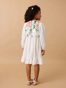 Maija Kids Maija Kids Conjunto de 2 piezas con vestido de niña con cuello de volantes y estampado floral diminuto, talla grande chaleco - Albaricoque - Ver 3