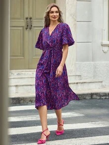EMERY ROSE Allover Print Butterfly Sleeve Split Thigh Belted Dress - Multicolor - View 4