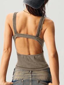 Bohemela Áo ba lỗ dáng croptop cổ chữ V dệt kim trơn màu phong cách du lịch thường ngày dành cho nữ, mùa hè - màu nâu - Xem 4