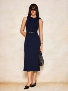 House of One Rib Knit Sleeveless Midi Slim Dress Women Spring Summer Autumn Fall Women Clothes Old Money Elegant Casual Dress Fall Outfits Business Professional Women Business Casual Woman