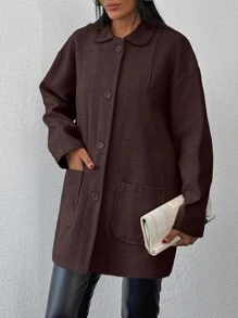 EURMUSE Cotton Knitted Overcoat Drop Shoulder Double Pocket Coat Easy To Style Perfect For Autumn And Winter - Chocolate Brown - View 7