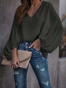 INAWLY Plus Size Solid Color V-Neck Elegant Commuter Long Sleeve Shirt Fall Cloth For Women - Black - View 1
