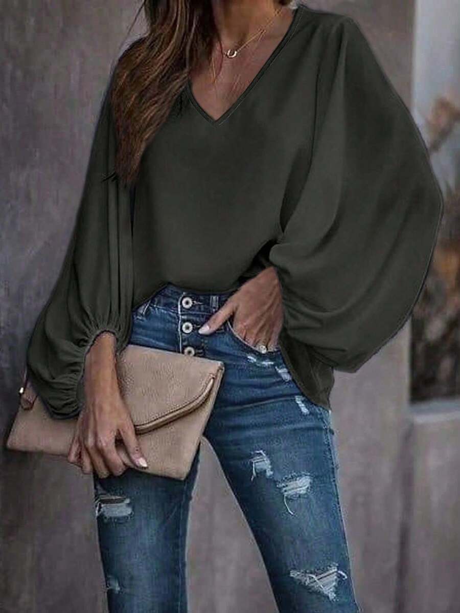 INAWLY Plus Size Solid Color V-Neck Elegant Commuter Long Sleeve Shirt Fall Cloth For Women - Black - View 1