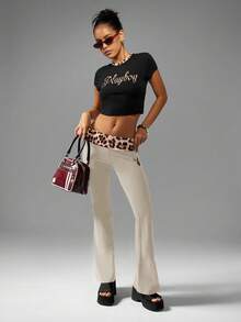 Missguided x Playboy Retro High Waisted Yoga Bell Bottom Flare Leggings With Animal Print Band Logo Fitness Comfort - Grey - View 3