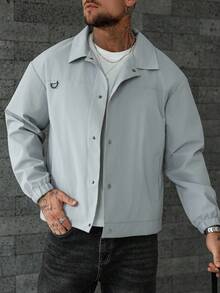 Manfinity Homme Men's Solid Color Long Sleeve Single-Breasted Lapel Casual Jacket Grey Jacket Men Summer Jacket Cropped Men Jacket Men Grey Jacket Lightweight Men Jacket , Fall