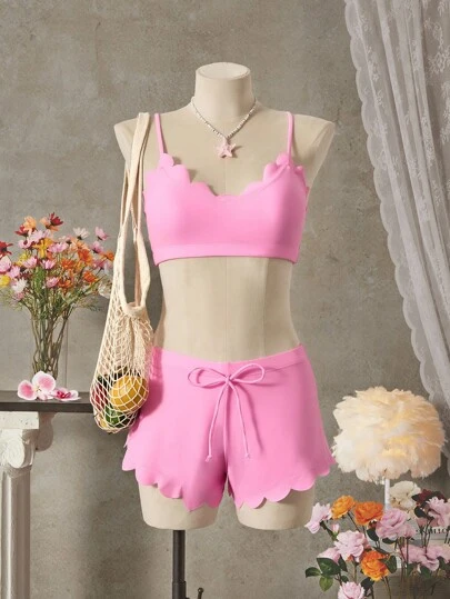 SHEIN Swim 3pcs/Set Floral Trim Splitfront Swimwear For Summer Beach Vacation