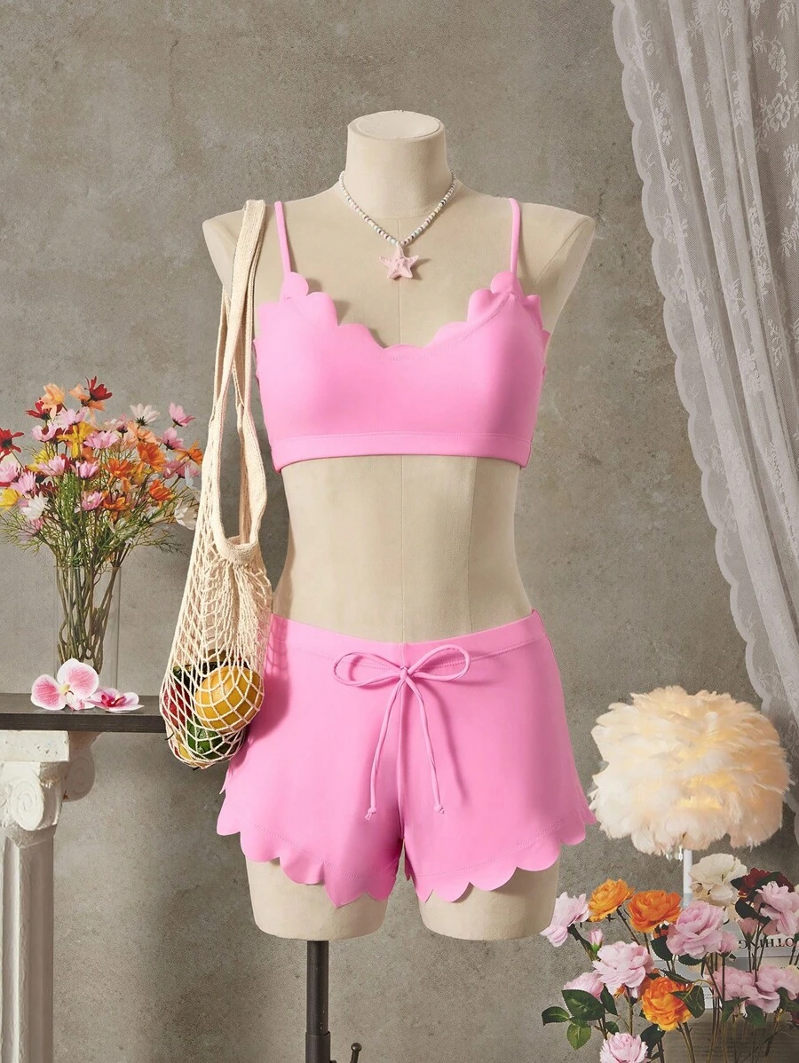 SHEIN Swim 3pcs/Set Floral Trim Splitfront Swimwear For Summer Beach Vacation - Pink - View 1