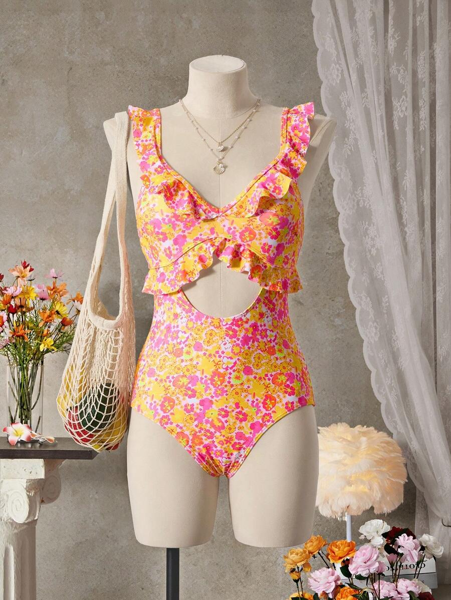 SHEIN Swim 1pc Summer Beach Ditsy Floral Ruffle One-Piece Swimsuit, Random Print - Multicolor - View 1