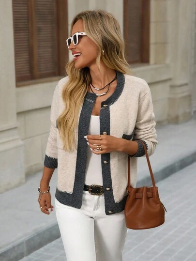 Brillora Kardigan jednorzędowy z dzianiny w kontrastowym kolorze, z okrągłym dekoltem i długim rękawem, dzianinowy kardigan dla kobiet, kardigan dwukolorowy, kardigan na co dzień, kardigan damski, kardigan zapinany na guziki na jesień/zimę